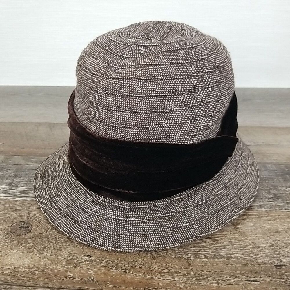 Ubi Womens M/L Winter Cloche Bucket Hat Wool Blend Brown Velvet Band